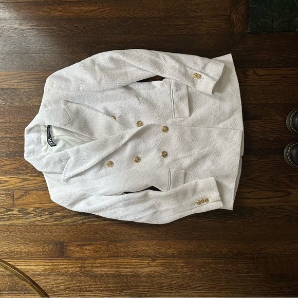 ZARA Tweed Blazer White Chanel Style Blogger Double Breasted Small Jacket - Picture 3 of 5